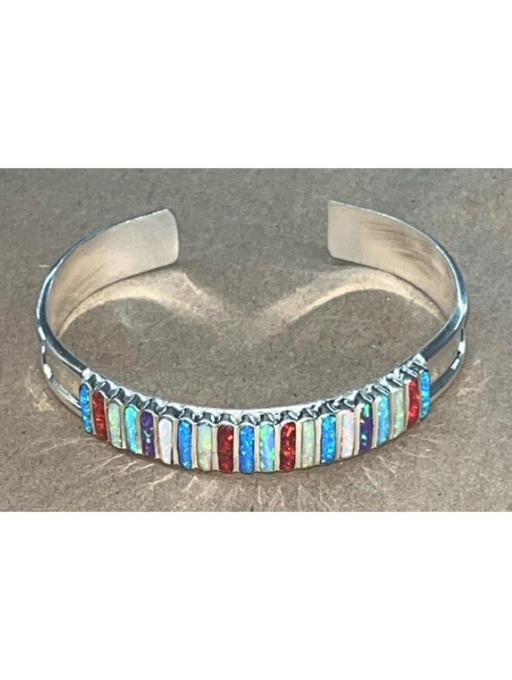 Zuni sterling silver traditional opal inlay cluster bracelet cuff -Lucy Shekya